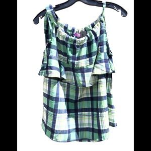 NWT $119 LiE Top by Lee Chung Ruffle Green Yellow Blue Plaid Tank Camisole Sz M